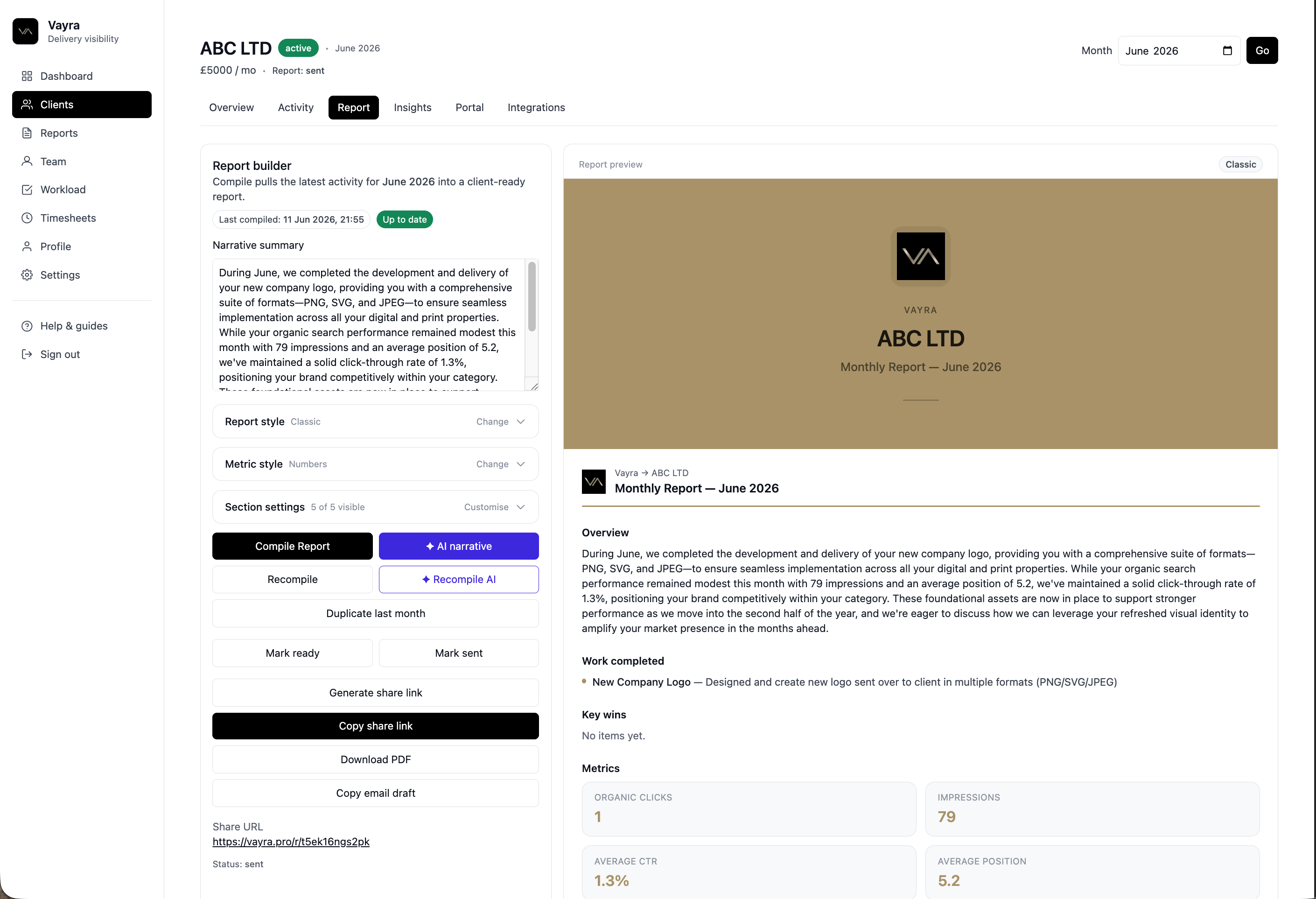 Vayra report builder — compile and review client reports